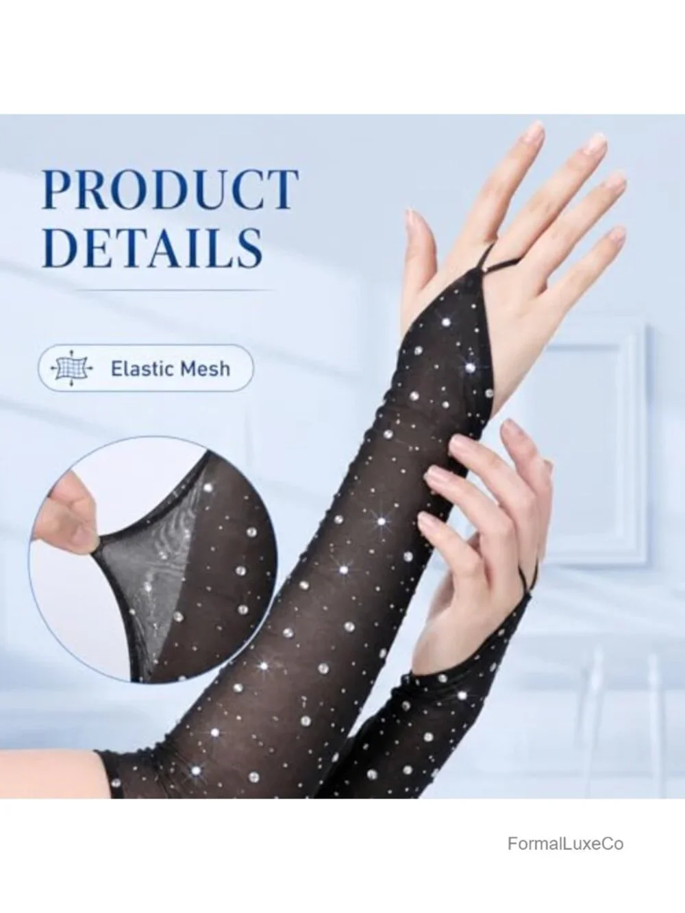 Fingerless Rhinestone Gloves Long Mesh Arm Sleeves for Prom Opera Party